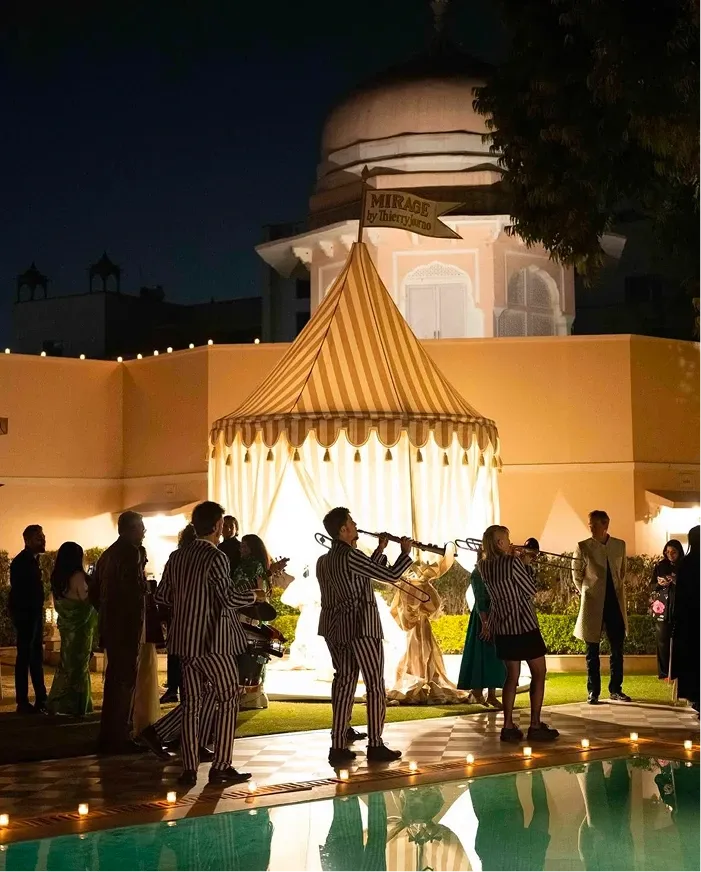 Main Lawn outdoor event space with Mehrangarh Fort filling the skyline at RAAS Jodhpur