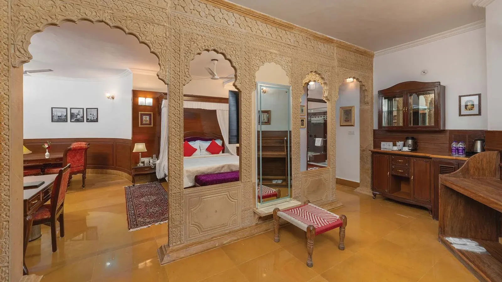 Heritage-style king-bed suite room for guests at Hotel Rang Mahal, Jaisalmer