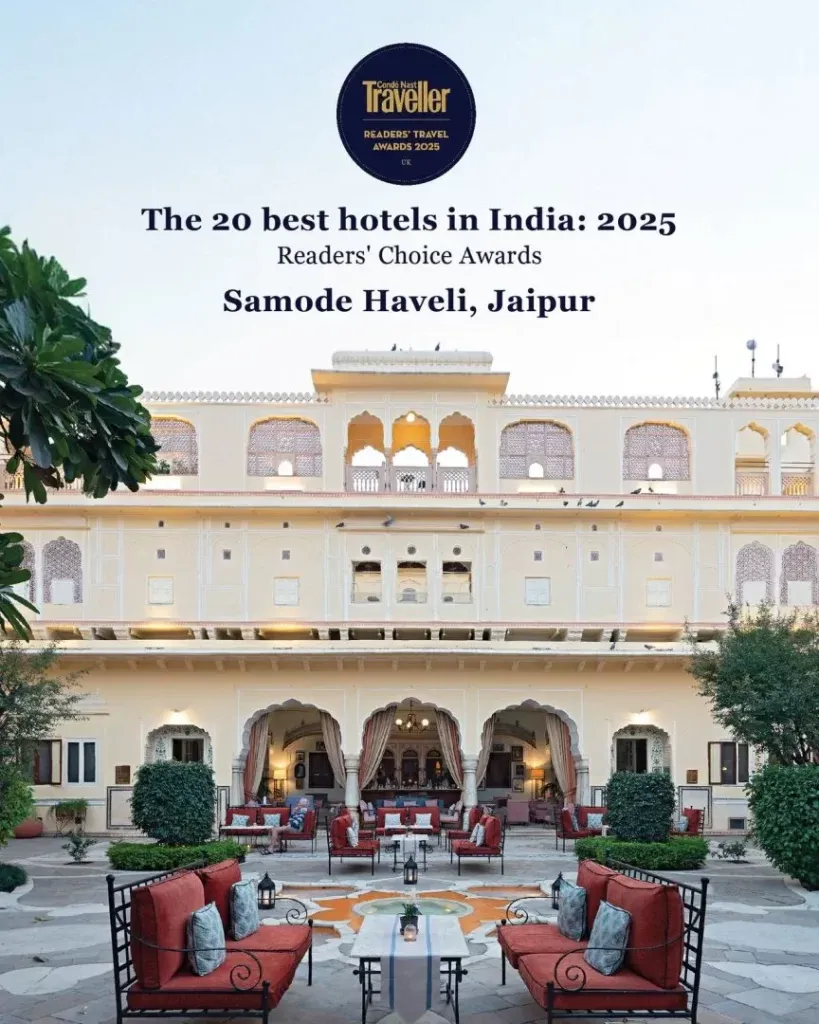 Hand-painted fresco facade and heritage courtyard of Samode Haveli in the old city of Jaipur
