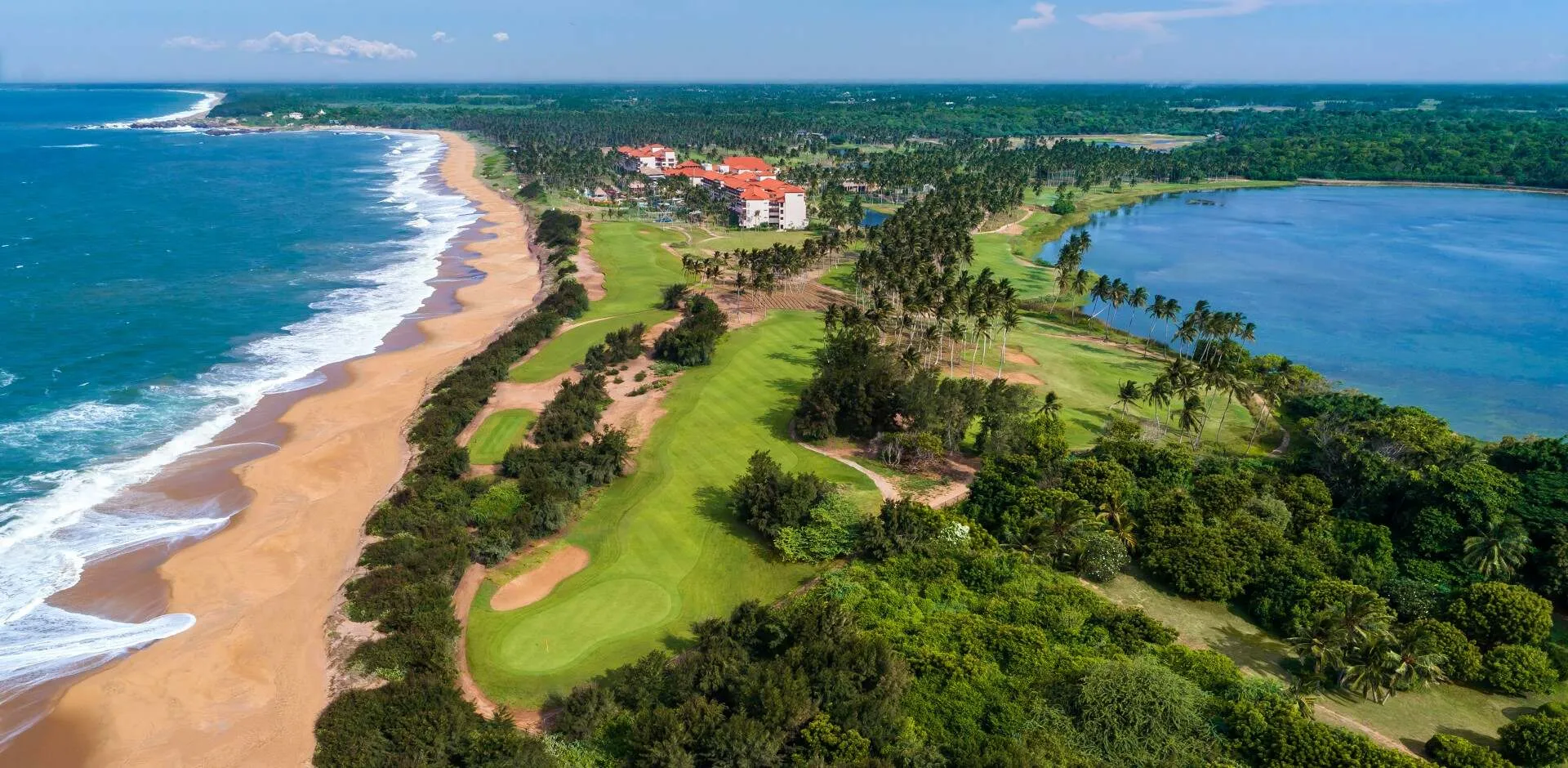 Shangri-La Hambantota beachfront resort estate and the Indian Ocean at golden hour, Sri Lanka