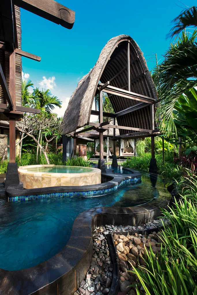 Villa plunge pool and whirlpool beside a thatched Balinese pavilion in the gardens at The St. Regis Bali Resort, Bali