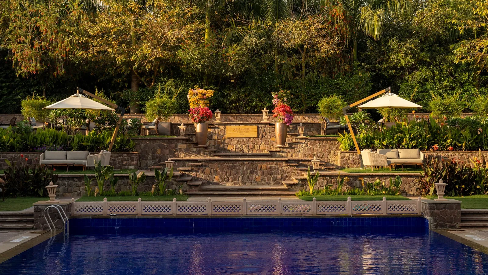 Garden courtyard and tranquil lily pond at Taj Sawai Ranthambore resort