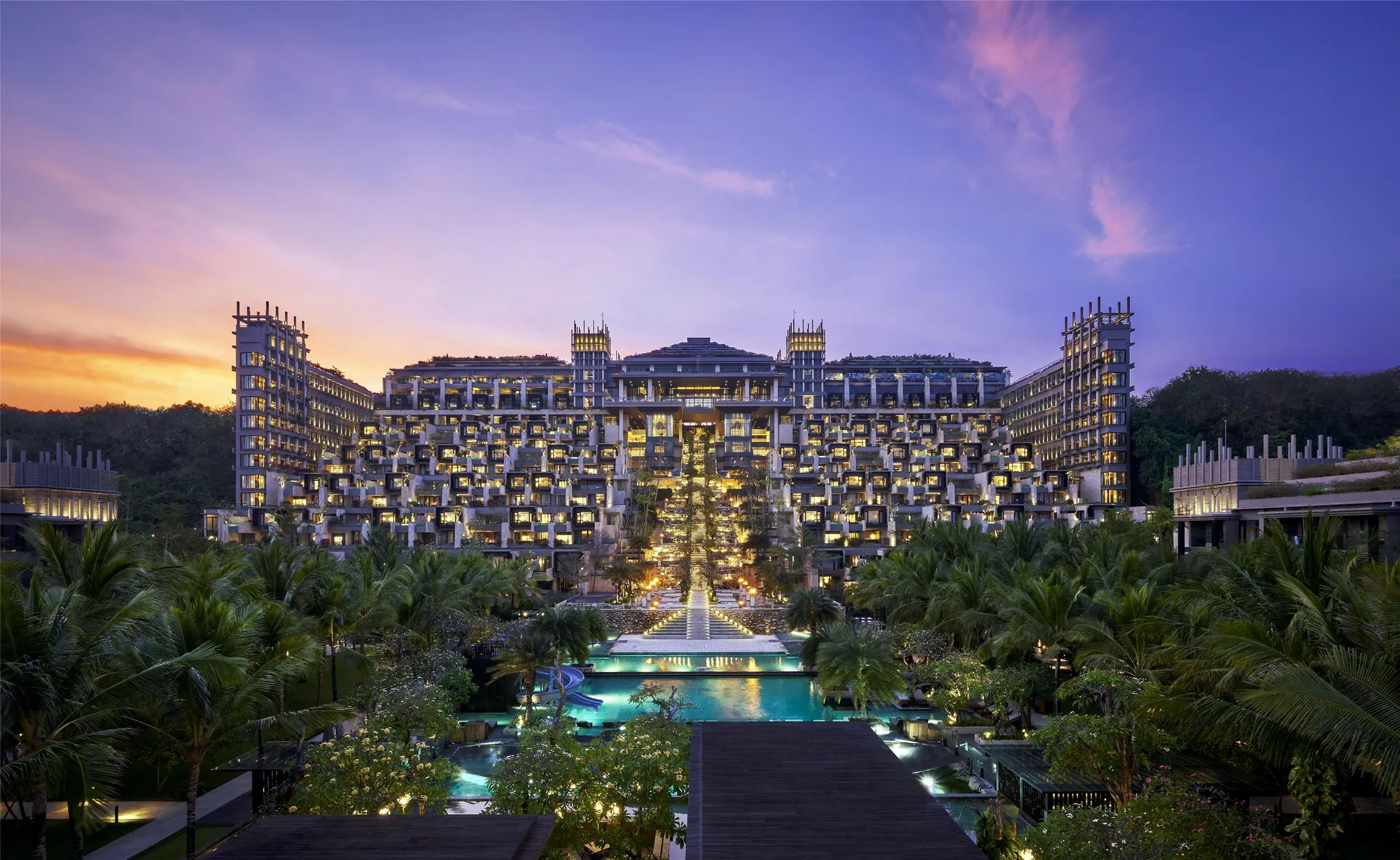 Exterior of The Apurva Kempinski Bali cascading down the clifftop to the Indian Ocean beach at Nusa Dua, Bali