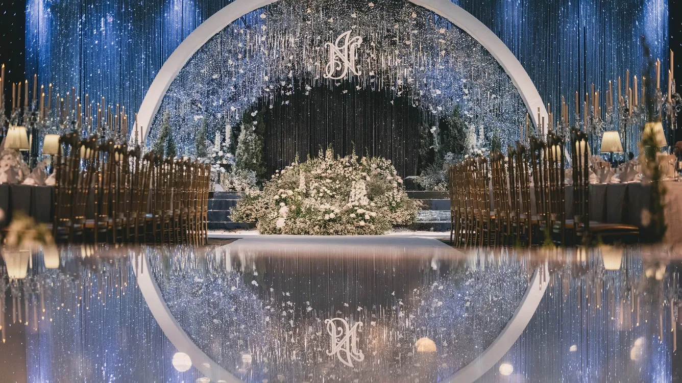 Wedding reception ballroom staged for a celebration evening at The Athenee Hotel Bangkok