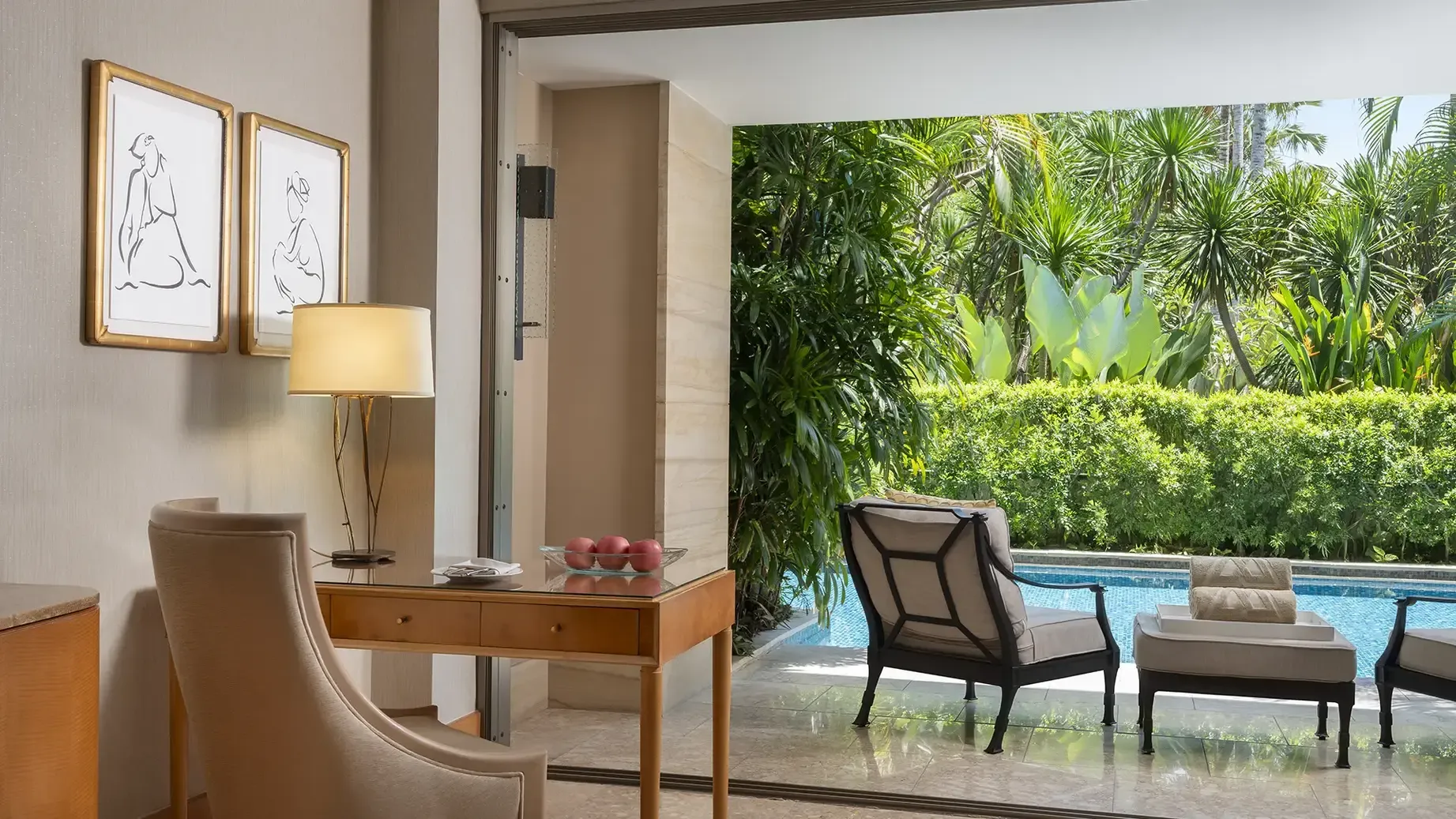 Mulia Signature suite lagoon-side dining setup at Mulia Resort, The Mulia Bali, Nusa Dua