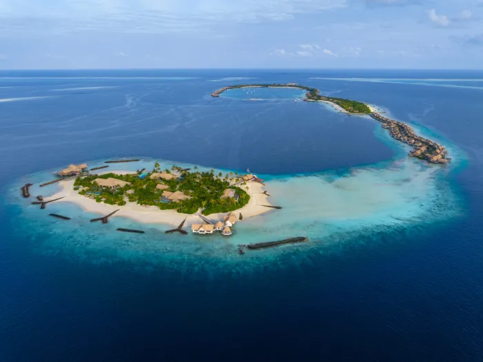 Aerial view of Ithaafushi The Private Island, the 32,000-sqm private-island buyout at Waldorf Astoria Maldives Ithaafushi